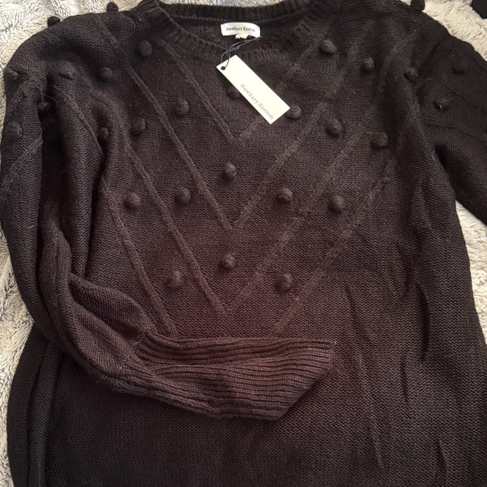 LOFT Black V-Neck Sweater with Pom Pom Accents